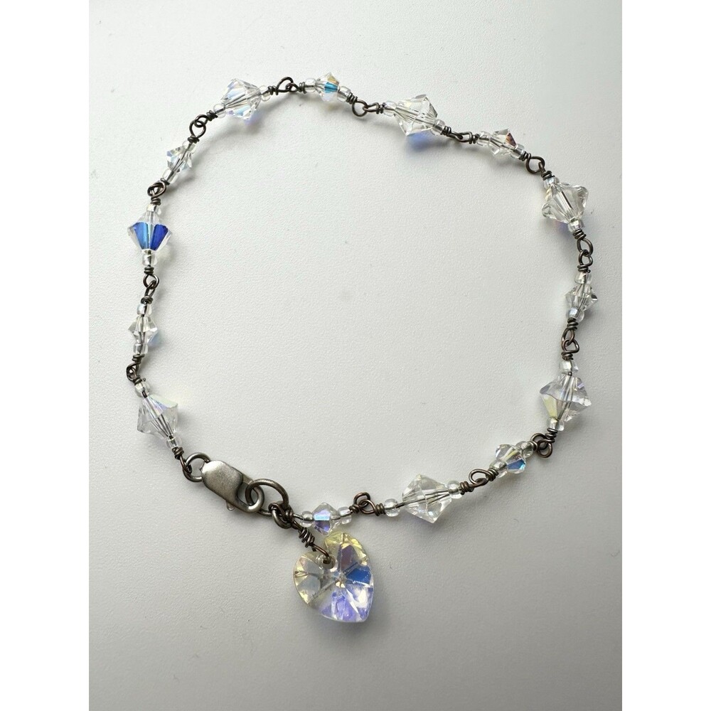925 Sterling Silver AB Crystal Heart Charm Bracelet 8”
